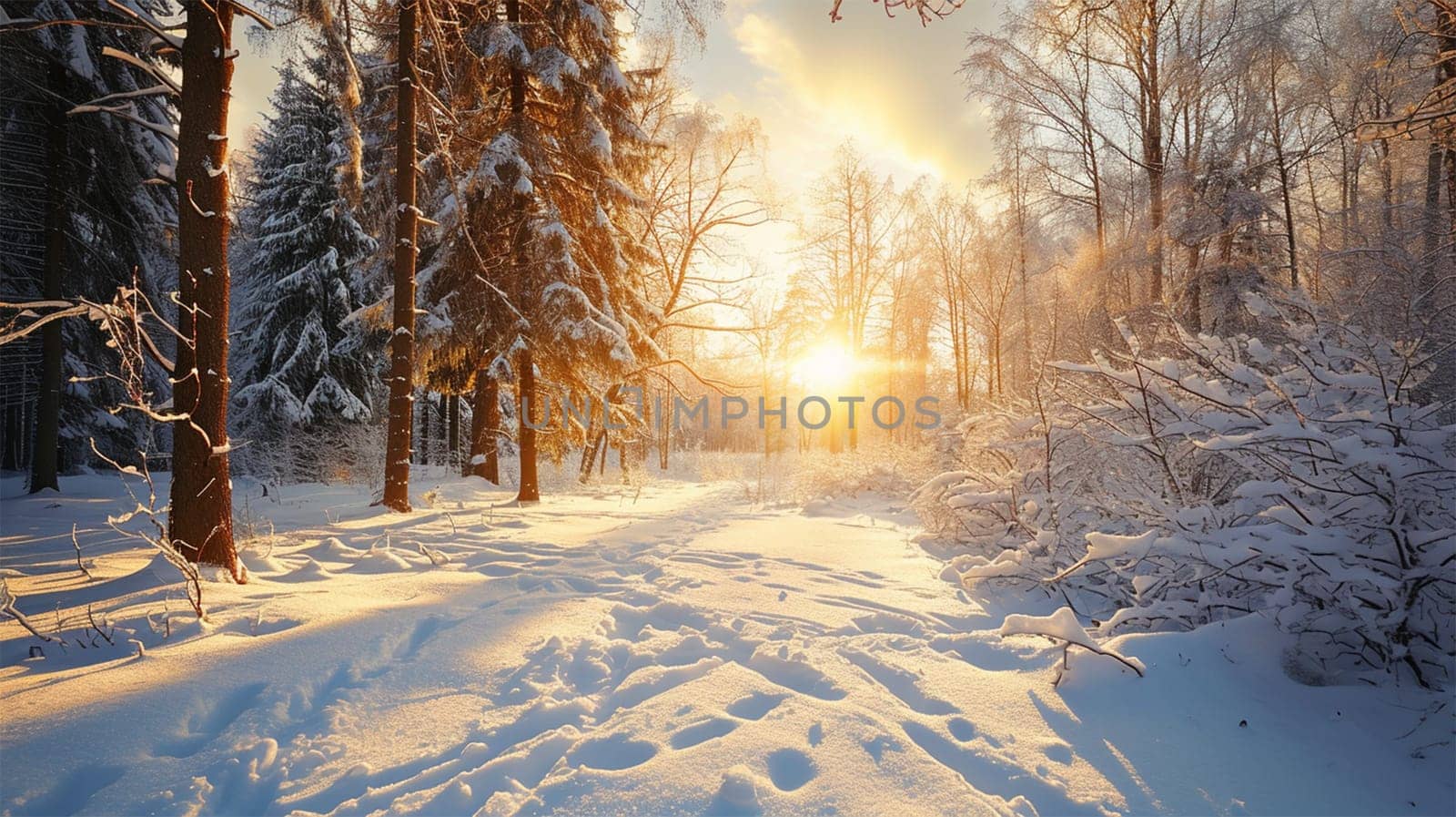 Snow field with footprints in deep snow in a clearing. The rays of the sun break through from behind the trees.