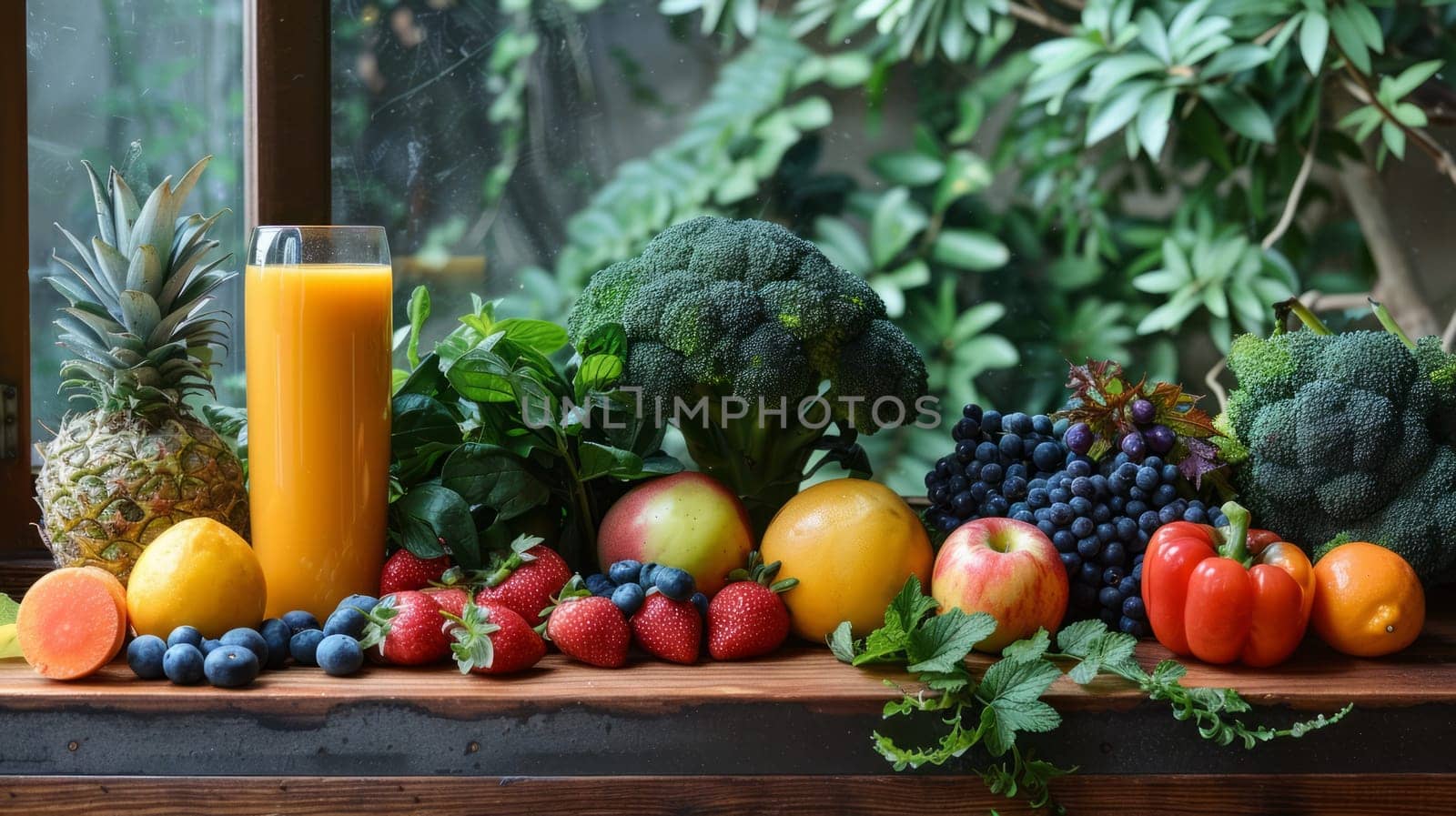 A glass of orange-carrot juice with berries and fruits on the table.proper nutrition and self-care