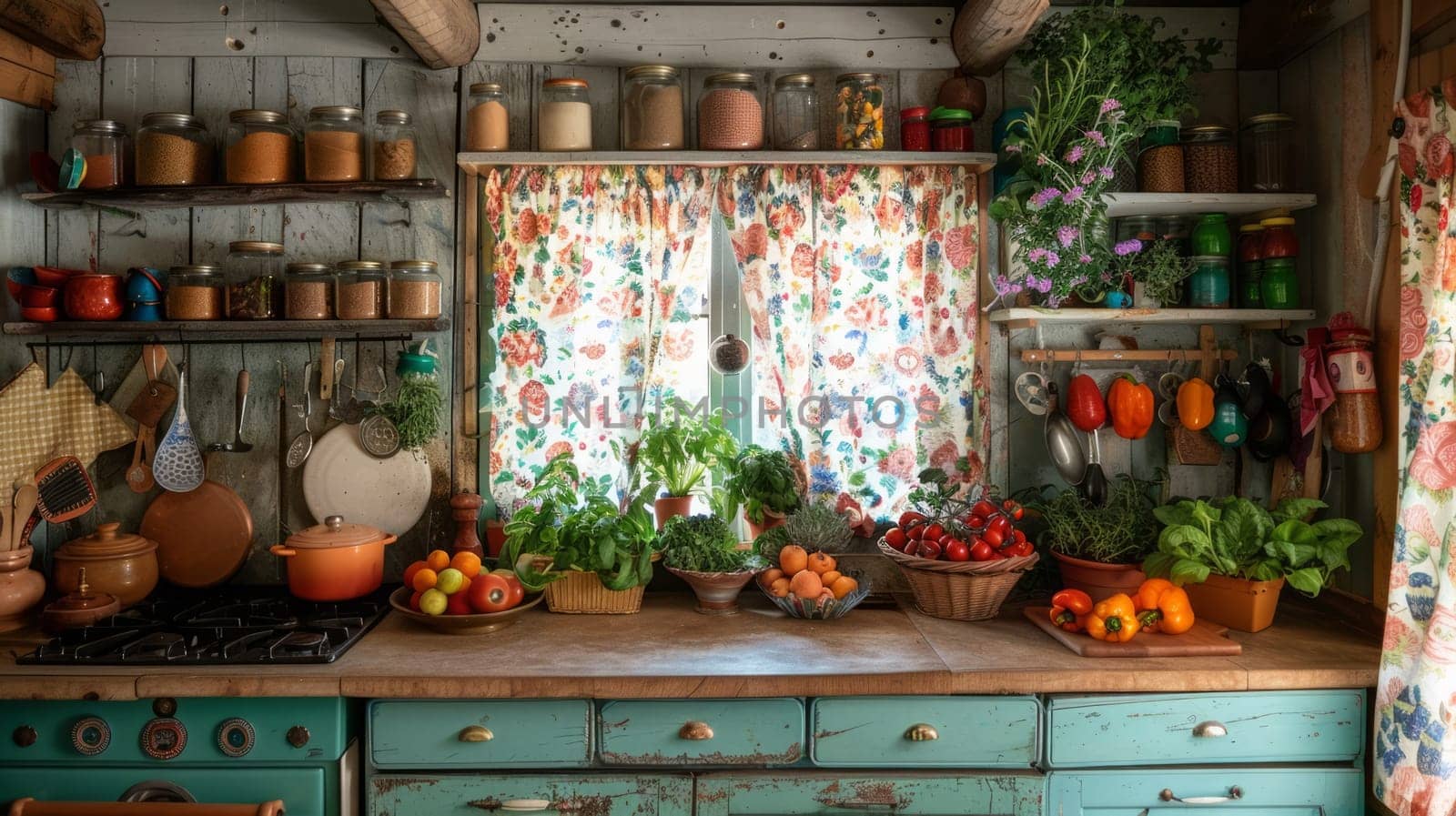 Charming rustic cuisine filled with fresh produce, vintage decor and colorful jars. Floral curtains add a cosy feel to the environment. Copy space