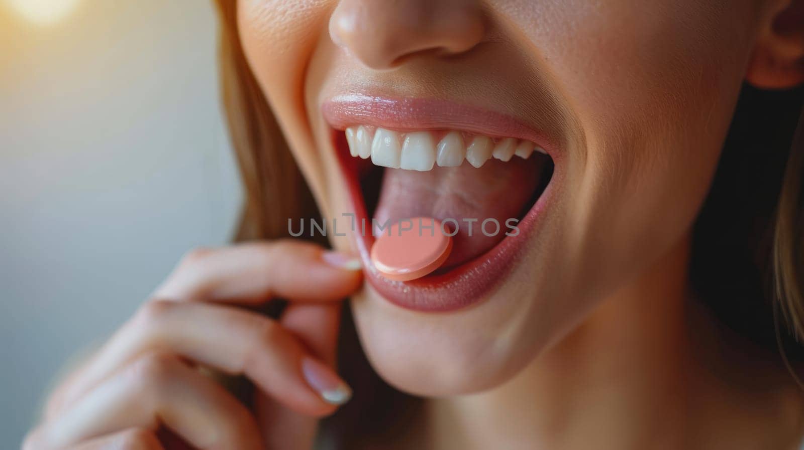 A person holds a bubble gum disc and puts it on his tongue. A face can be seen expressing a cheerful mood