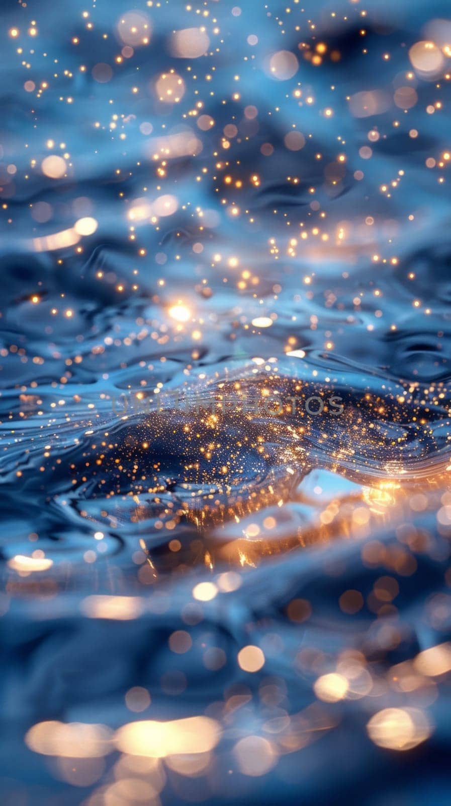Abstract background with sun glare in the form of sparks over the water. vertical