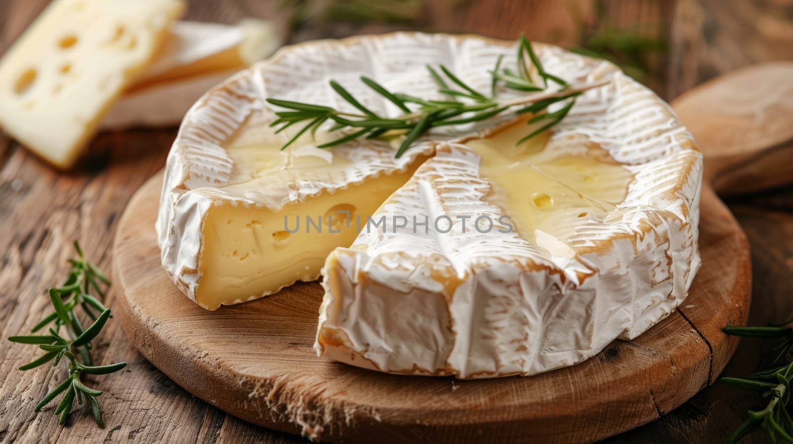 brie cheese garnished with rosemary sprig lies on wooden round board on table