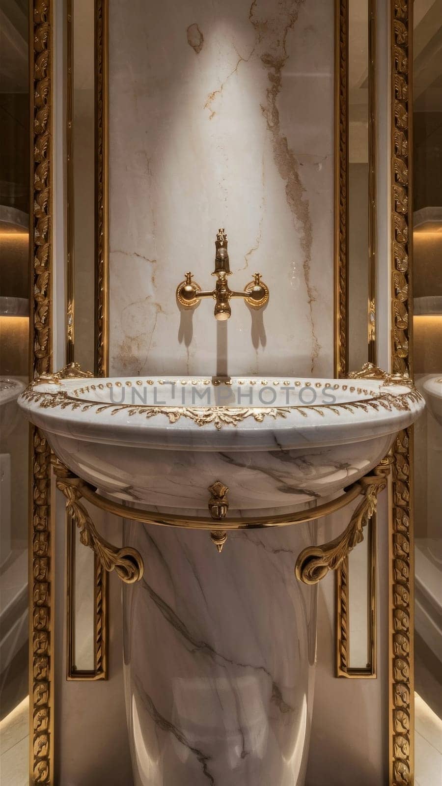 Marble sink with gold fixtures and gold faucet in a luxurious interior