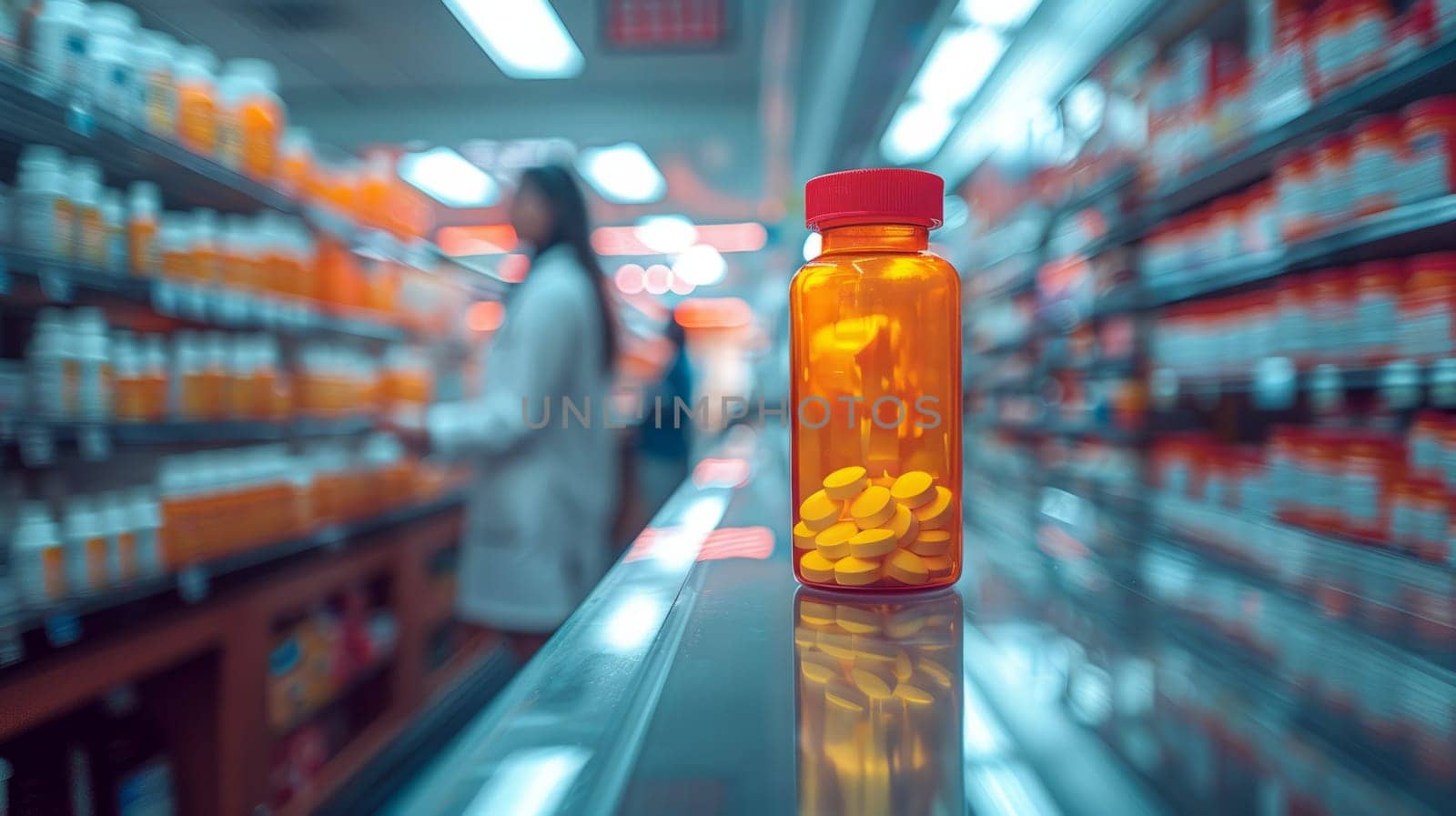 Orange bottle with pills on the pharmacy counter.On the blurred background of the pharmacist at the pharmacy shelves