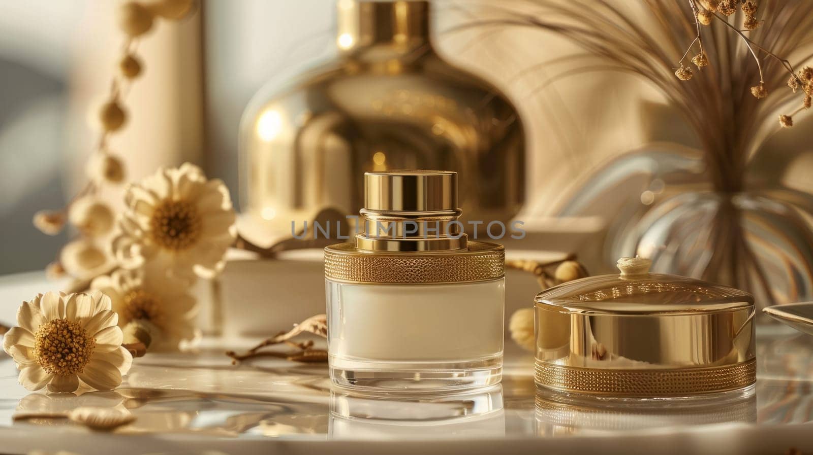 Luxurious packaging with gold accents. a jar of cream and a box of powder.beige gold decoration among light flowers