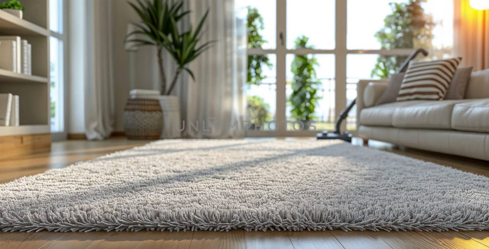 White carpet in cozy bright living room with white sofa and greenery, vacuum cleaner in the distance by the window