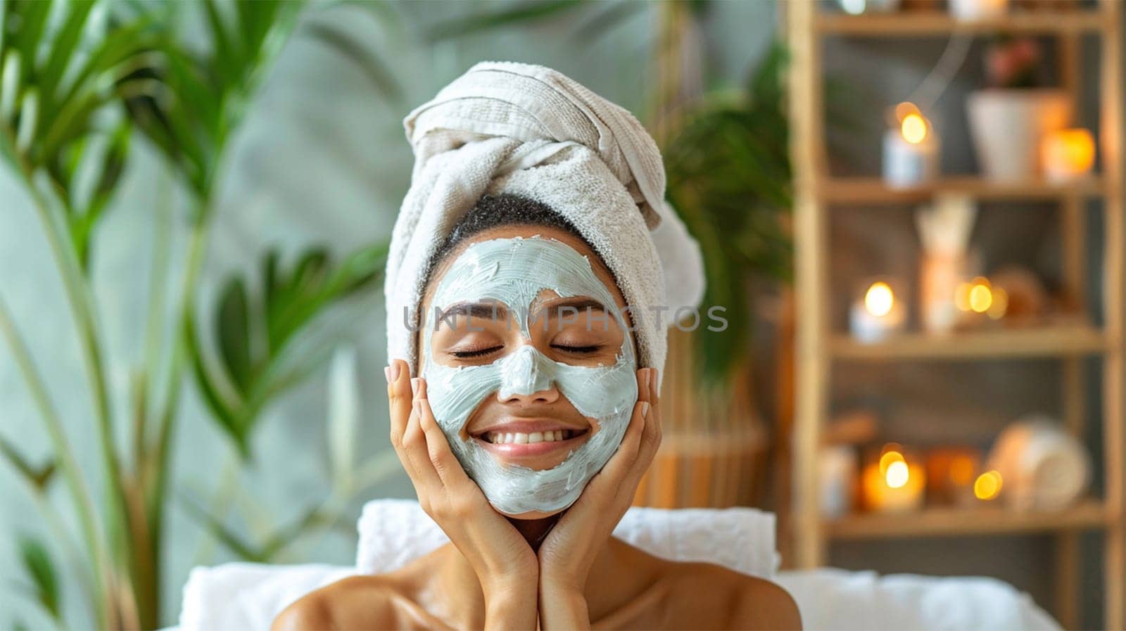 A woman with a towel wrapped around her head enjoys relaxing spa treatments. with a face mask in a soothing and serene environment under the soft light of candles.