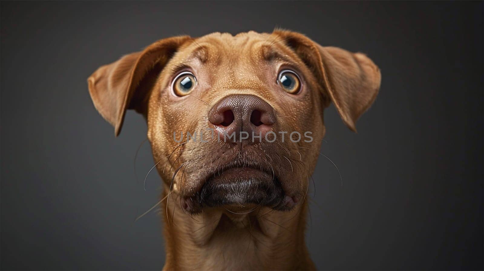 Close-up of a dog with a funny, curious facial expression, capturing a moment that highlights its personality and emotions.