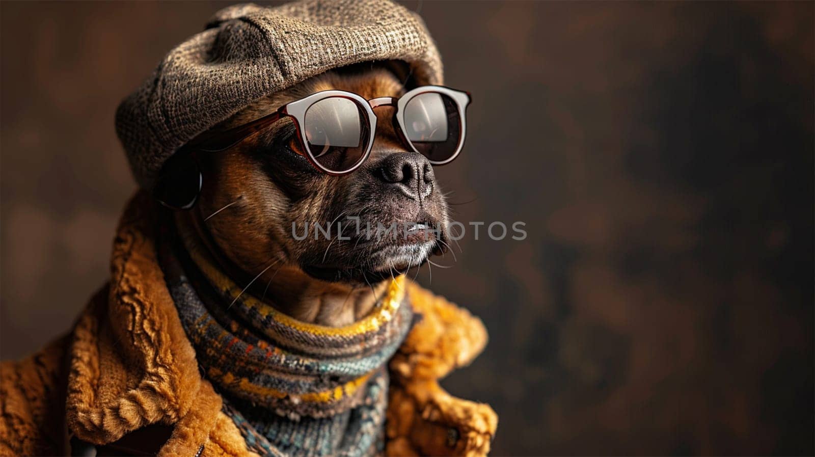 A dog dressed in a stylish yellow outfit with a hat and sunglasses confidently poses as a model.copy space