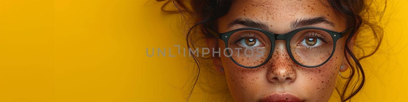 Eyes of a woman wearing glasses looking straight ahead, isolated on a yellow background on the right side of the .copy space.banner.
