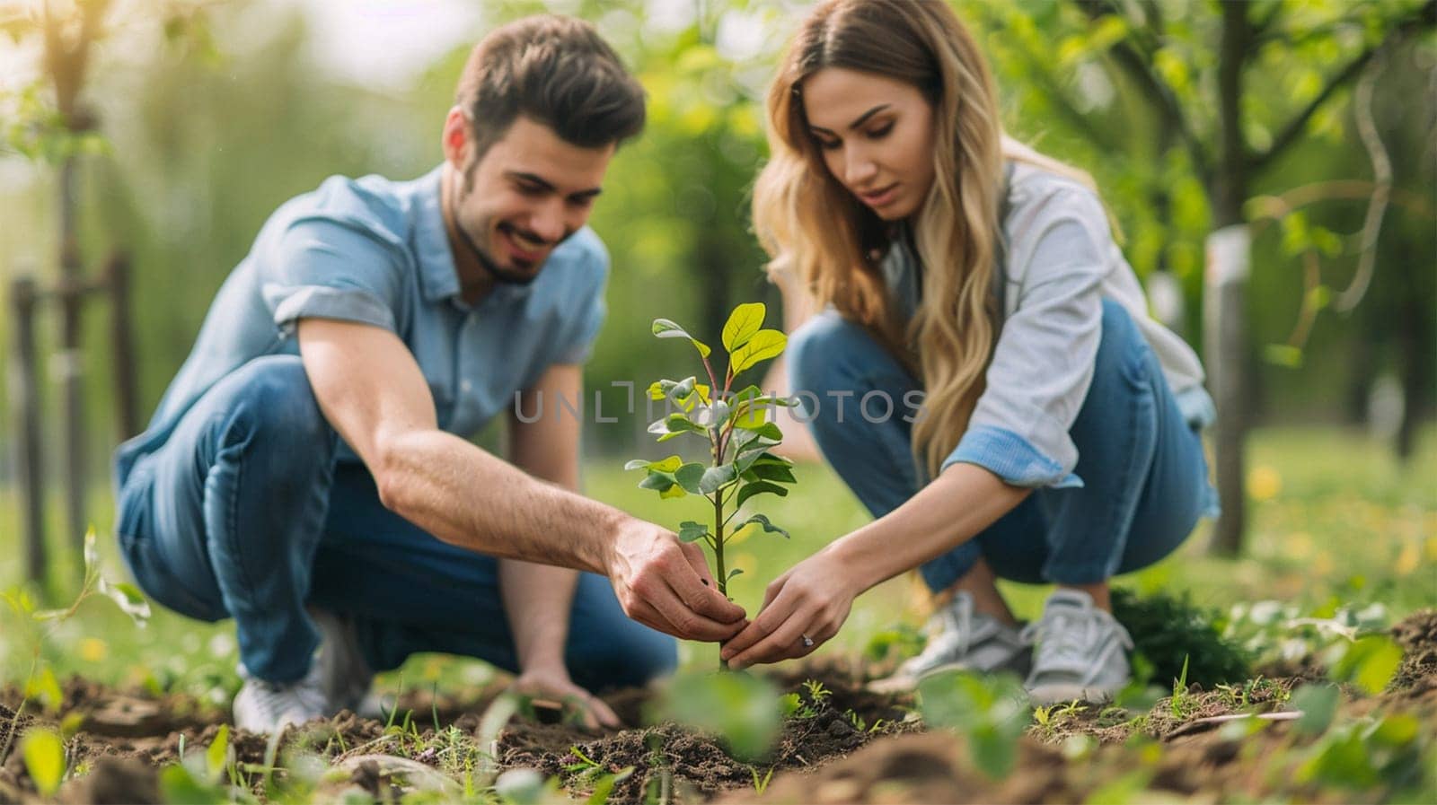 A young couple plants a tree together in a community garden, promoting environmental sustainability and an eco-friendly lifestyle. The concept of caring for the environment