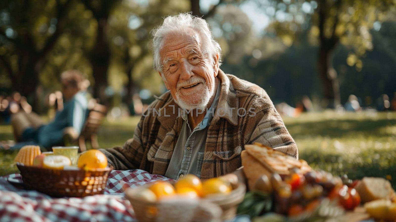 A gray-haired old man in a checkered jacket sits at a table in the park on a sunny day. There are fruits and vegetables on the table. Leisure and recreation concept