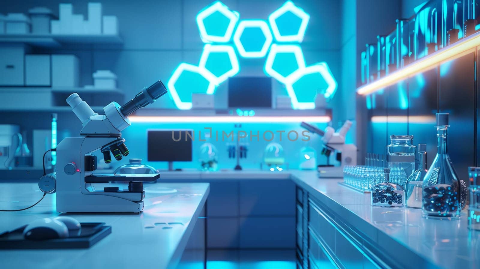 science room with microscope, laboratory props, bright background, soft blue light