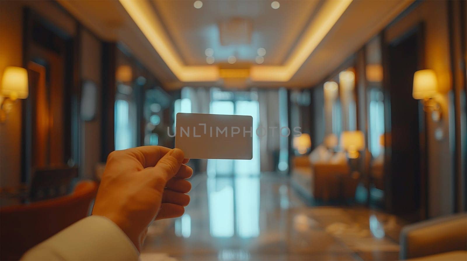 Credit card mockup in hands on hotel room background.luxury, modern interior, minimalism