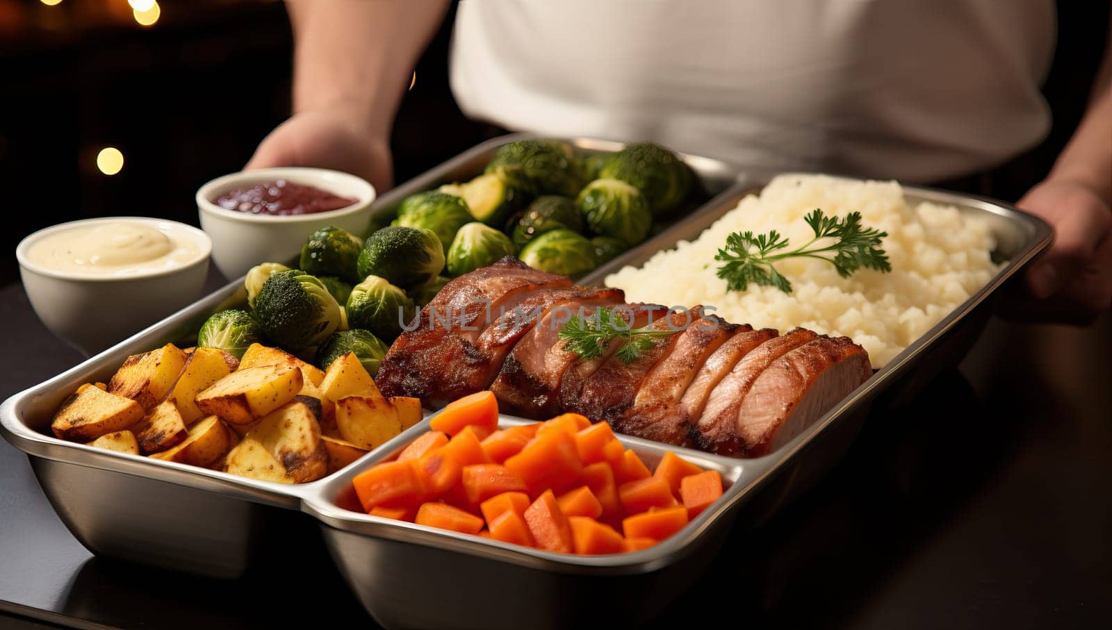 Healthy and balanced meal with various fresh vegetables, meat, and side dishes on a tray. Concept of nutritious, homemade food, balanced diet, and culinary preparation.