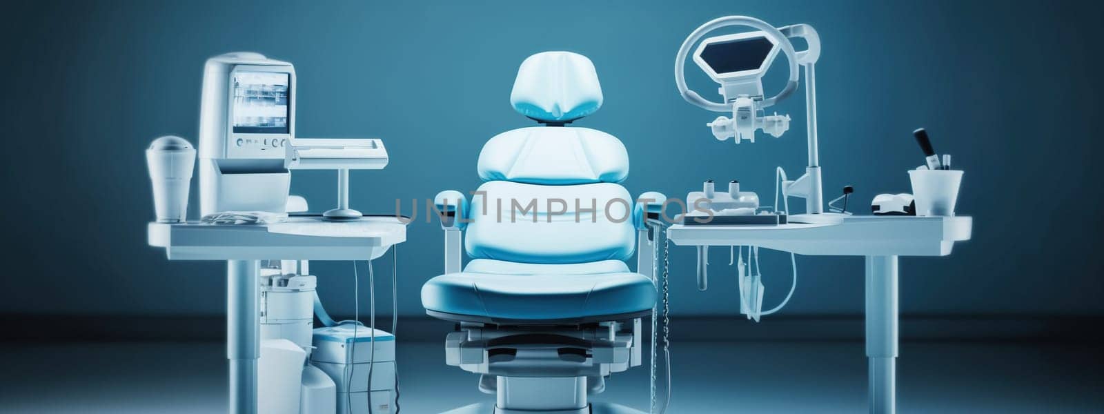 Medical dental clinic chair and workstation, various tools and equipment, AI Generated content