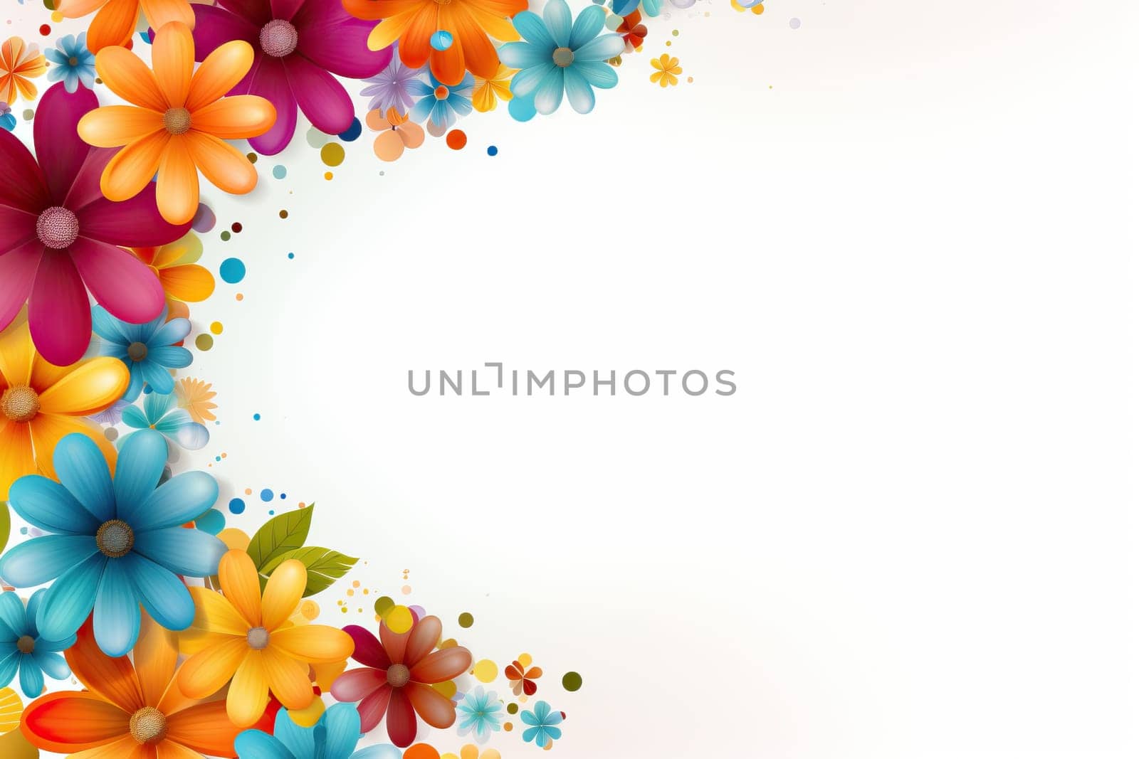 Vibrant and colorful floral border frame with assorted blooming flowers and petals against a clean white background.