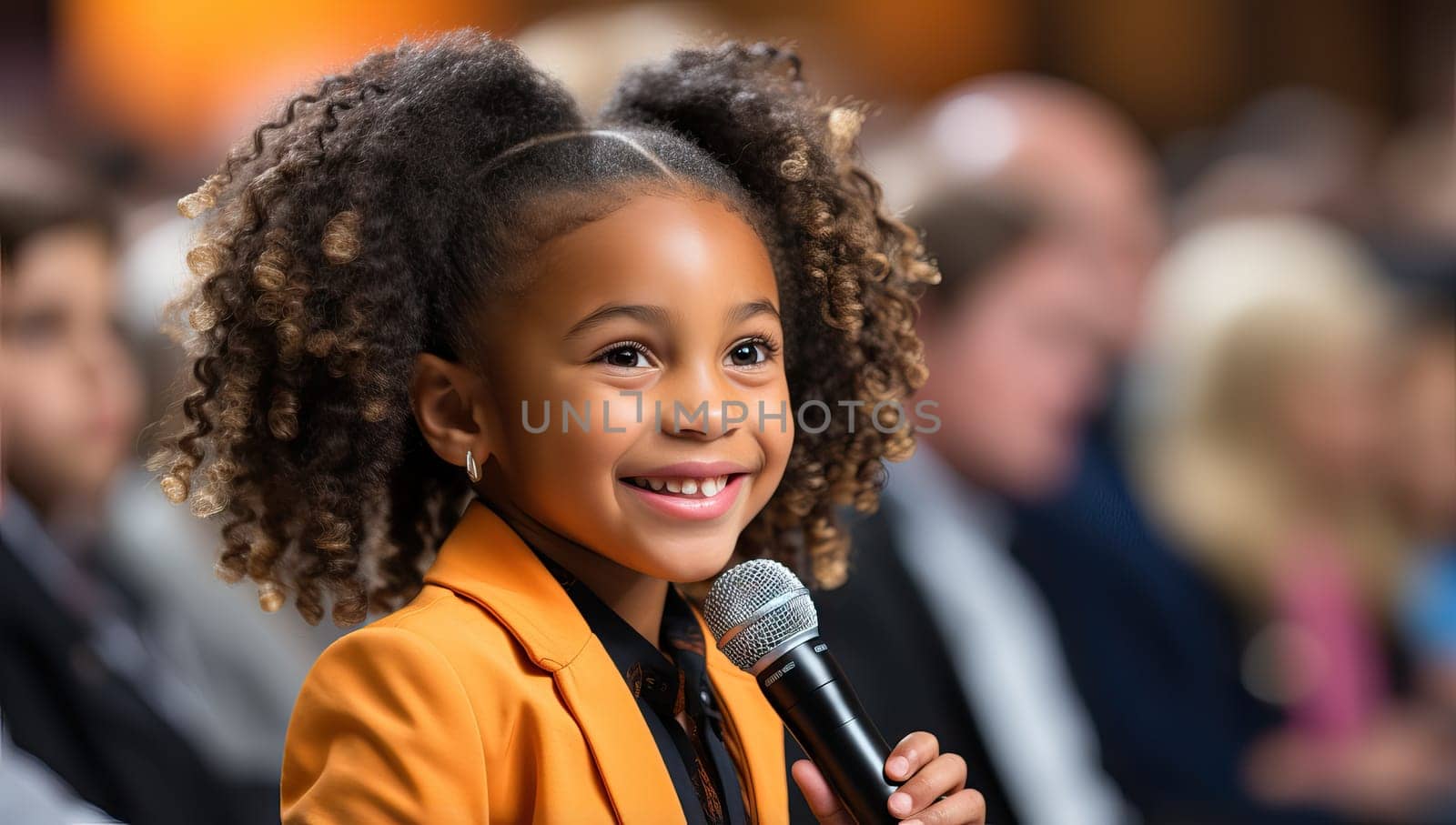 Smiling young girl with curly hair speaking into microphone on stage in front of audience.
