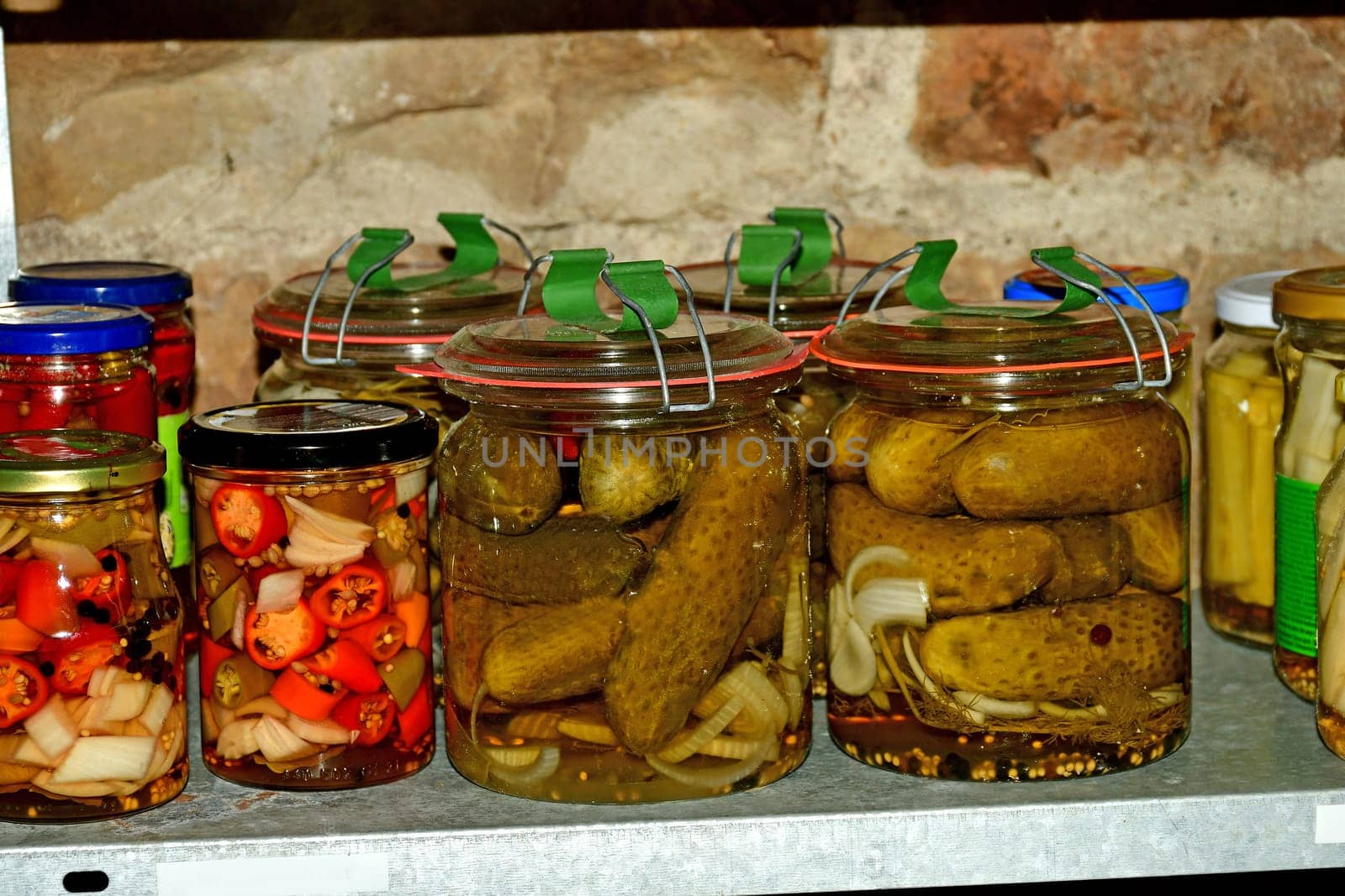 pickled cucumbers and chilis in a German cellar in autumn