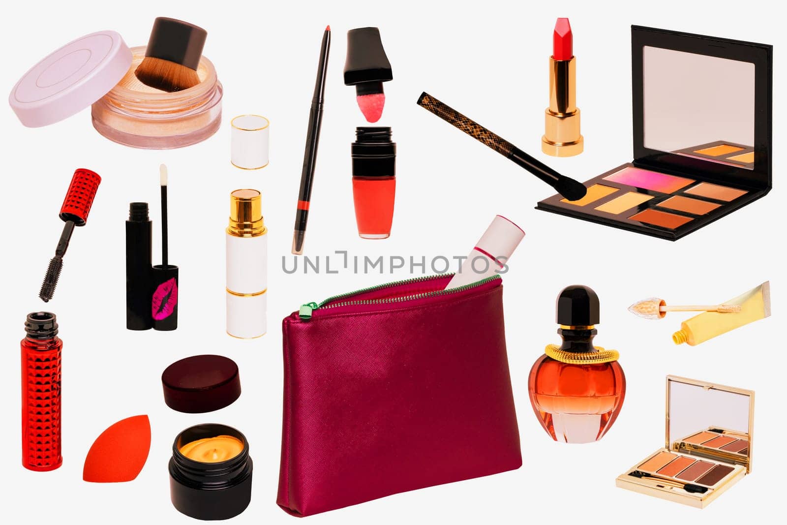 Collage of make up cosmetics and tools. Set of make up brush, lipsticks, skin care products, eye shadows powder, creames for face and other beauty accessories isolated on a white background.