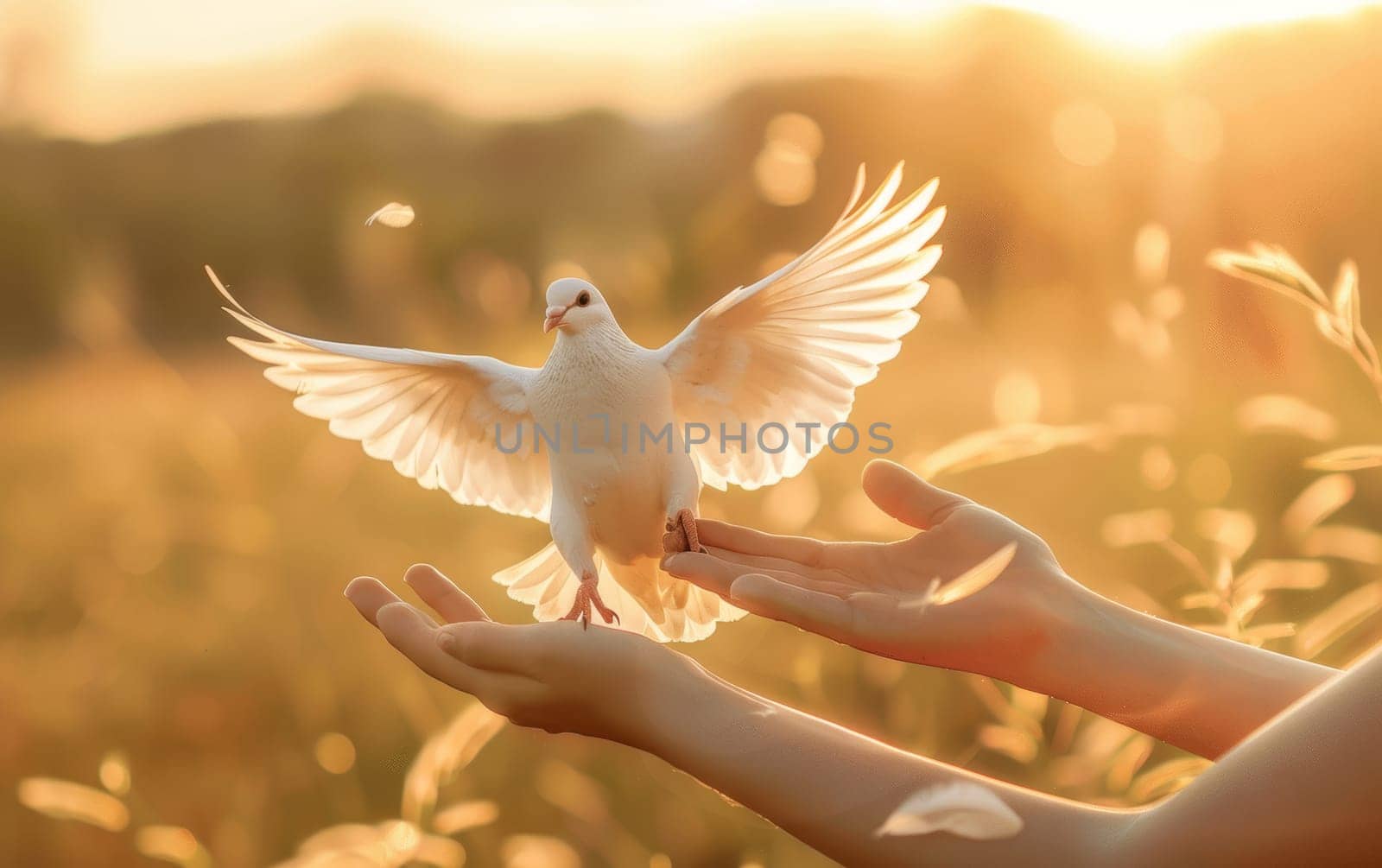 In a serene natural setting, hands gently release a white dove into the air, symbolizing peace, freedom, and the beauty of release. The moment is captured against a soft, golden sunset