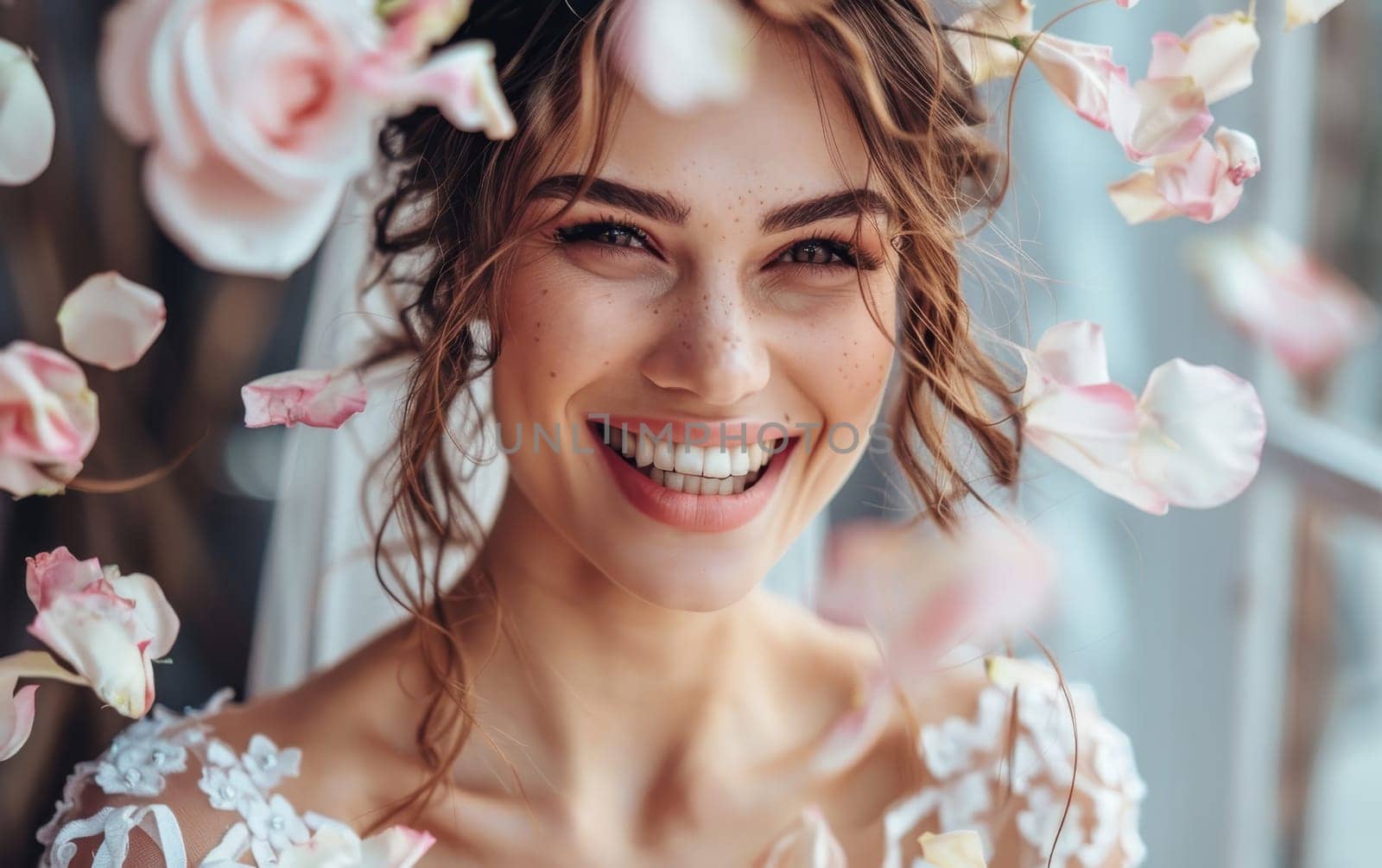 A beaming bride is showered with delicate petals, her joy palpable amid the whimsical celebration of her wedding day. The image captures a magical moment of love and happiness