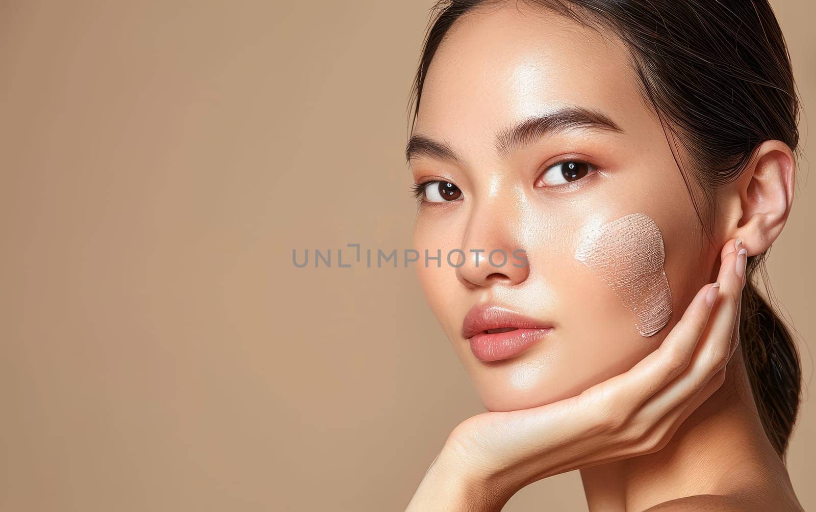 A woman's flawless complexion is highlighted by a swatch of foundation on her cheek, showcasing the smooth texture and natural tone of the beauty product