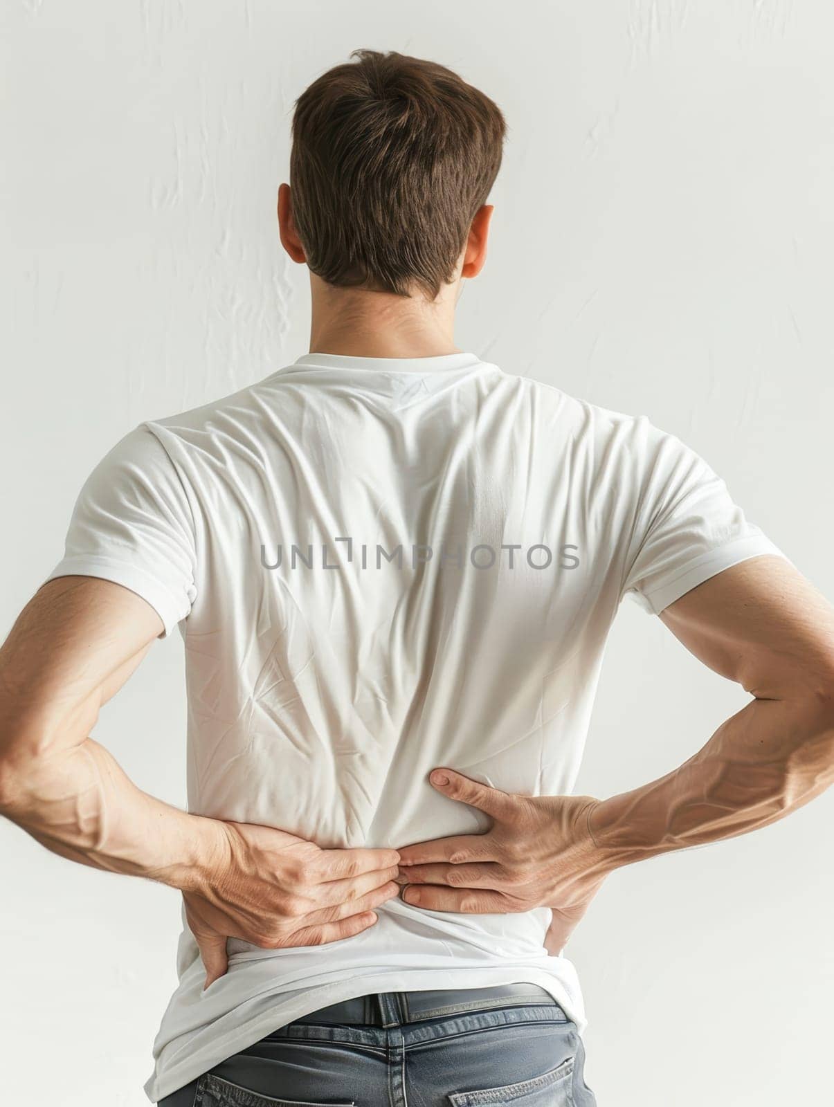 A visualization of back pain is depicted with a glowing spine illustration overlaid on a man's back as he reaches around to touch the affected area. It artistically represents the internal struggle.