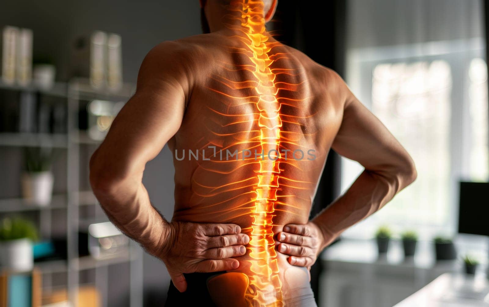 A man's back is highlighted with a vibrant orange digital effect to illustrate intense spinal pain. The image effectively communicates the burden of back issues