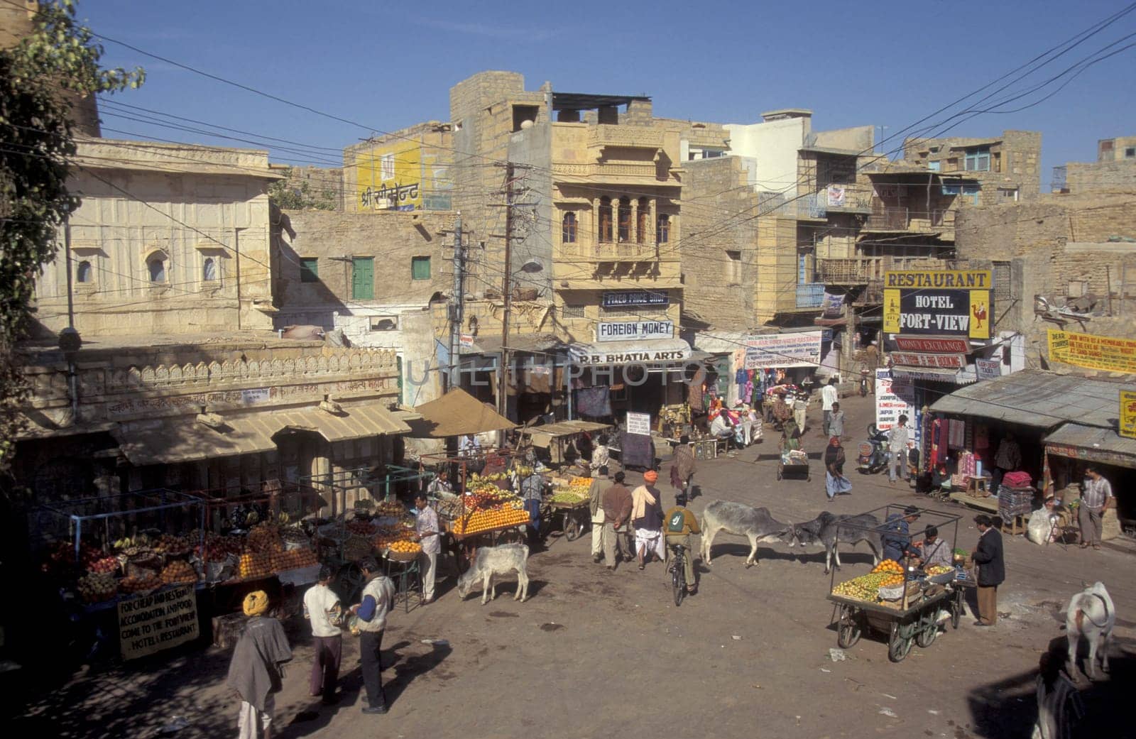 a view of a square in the city of Jaisalmer in the Province of Rajasthan in India.  India, Jaisalmer, January, 1998