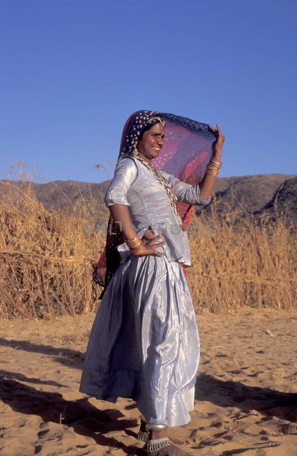 a portrait of a Rajasthani women in the Town of Jaisalmer in the Province of Rajasthan in India.  India, Jaisalmer, January, 1998