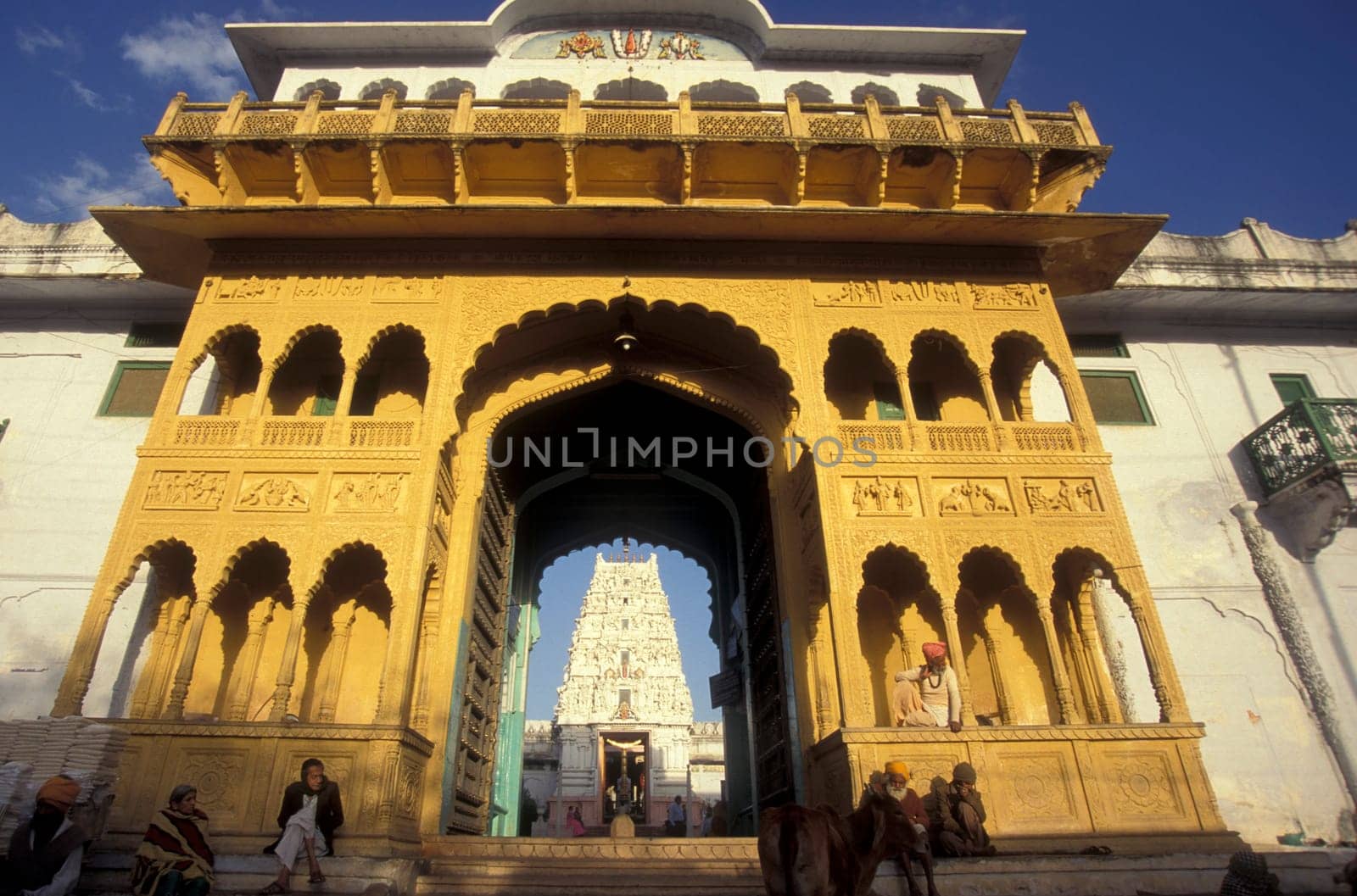 The entry of the old Rangji Temple in the Town of Pushkar in the Province of Rajasthan in India.  India, Pushkar, January, 1998