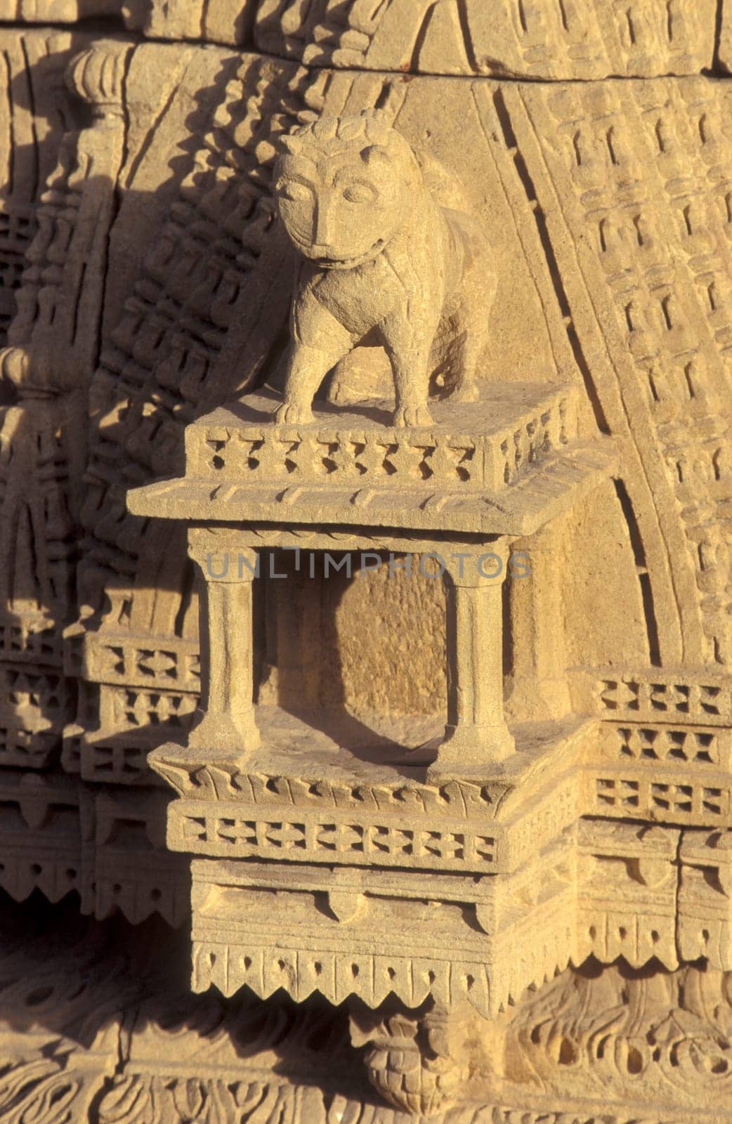 a stone figure at the Jain Temple in the Jaisalmer Fort in the city of Jaisalmer in the Province of Rajasthan in India.  India, Jaisalmer, January, 1998