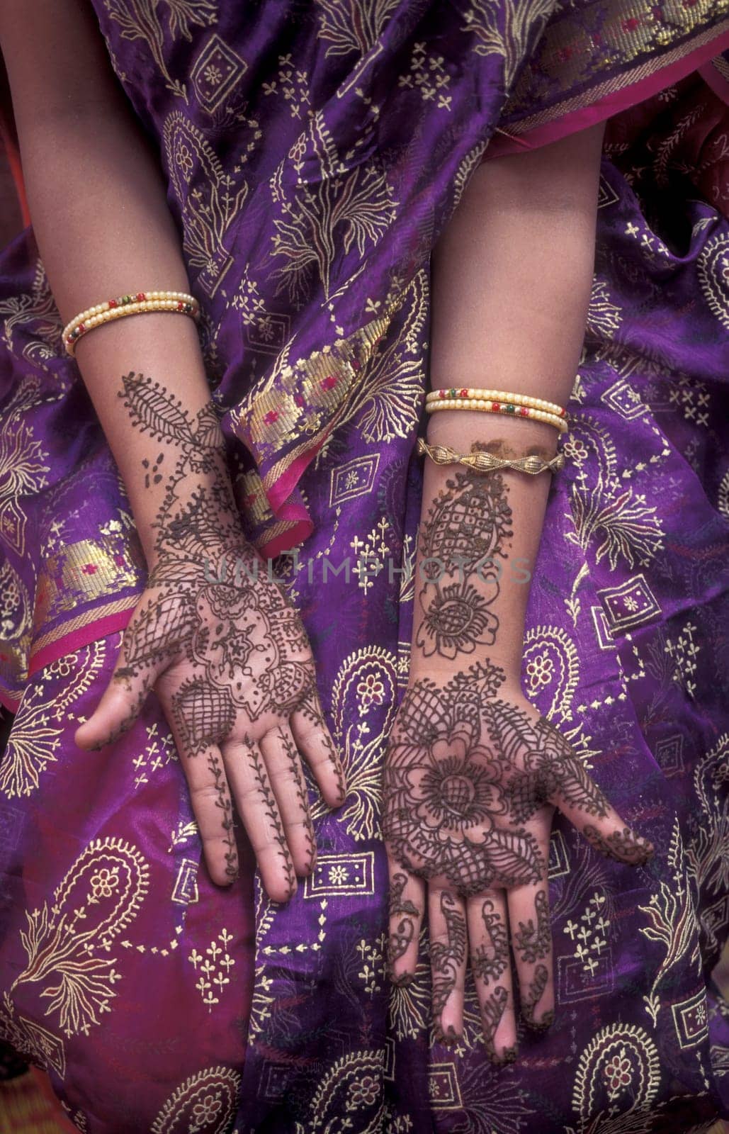 a Rajasthani women is making a Henna Hand painting in the Town of Jaisalmer in the Province of Rajasthan in India.  India, Jaisalmer, January, 1998