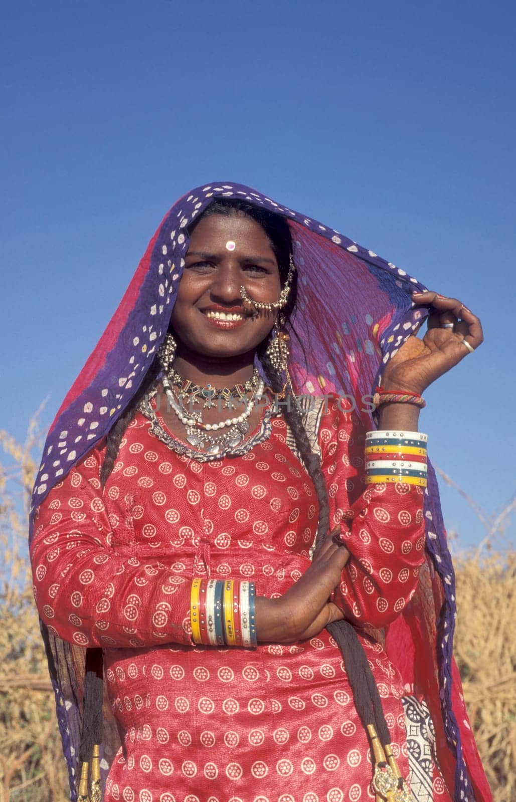 a portrait of a Rajasthani women in the Town of Jaisalmer in the Province of Rajasthan in India.  India, Jaisalmer, January, 1998