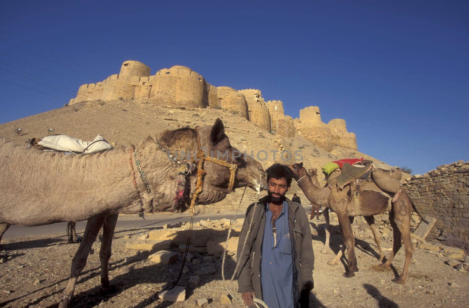 a Farmer with two camel in front of the Jaisalmer Fort in the old Town of Jaisalmer in the Province of Rajasthan in India.  India, Jaisalmer, January, 1998