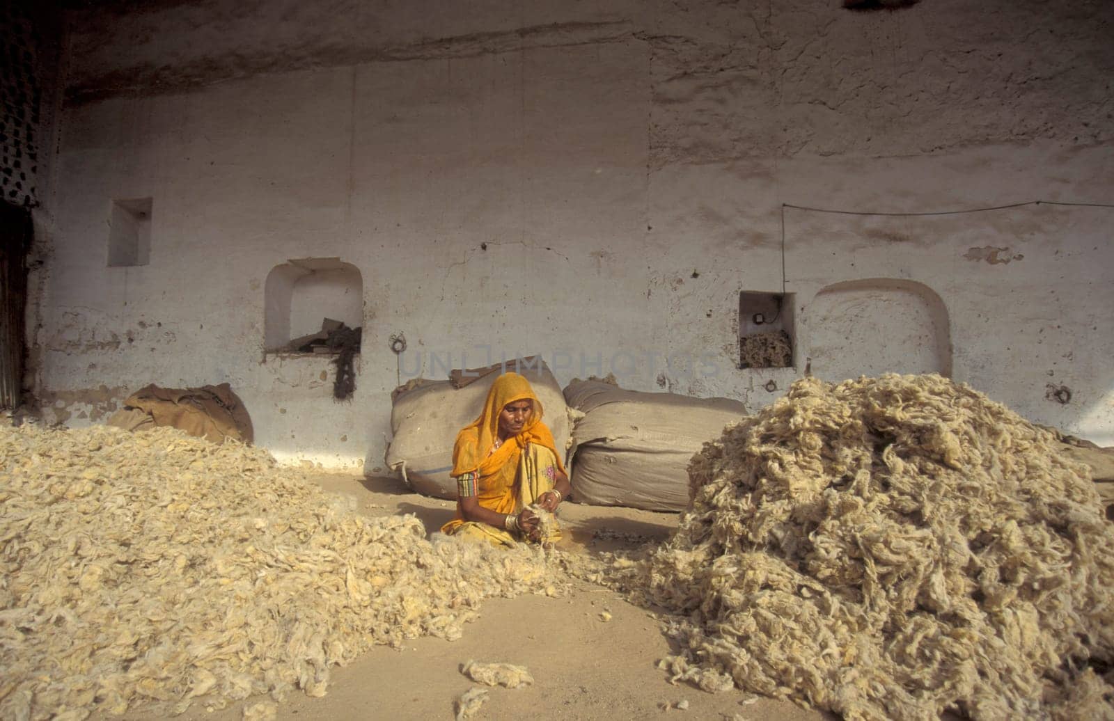 Working People in a Camel wool spinning Factory in the City of Jaisalmer in the Province of Rajasthan in India.  India, Jaisalmer, January, 1998