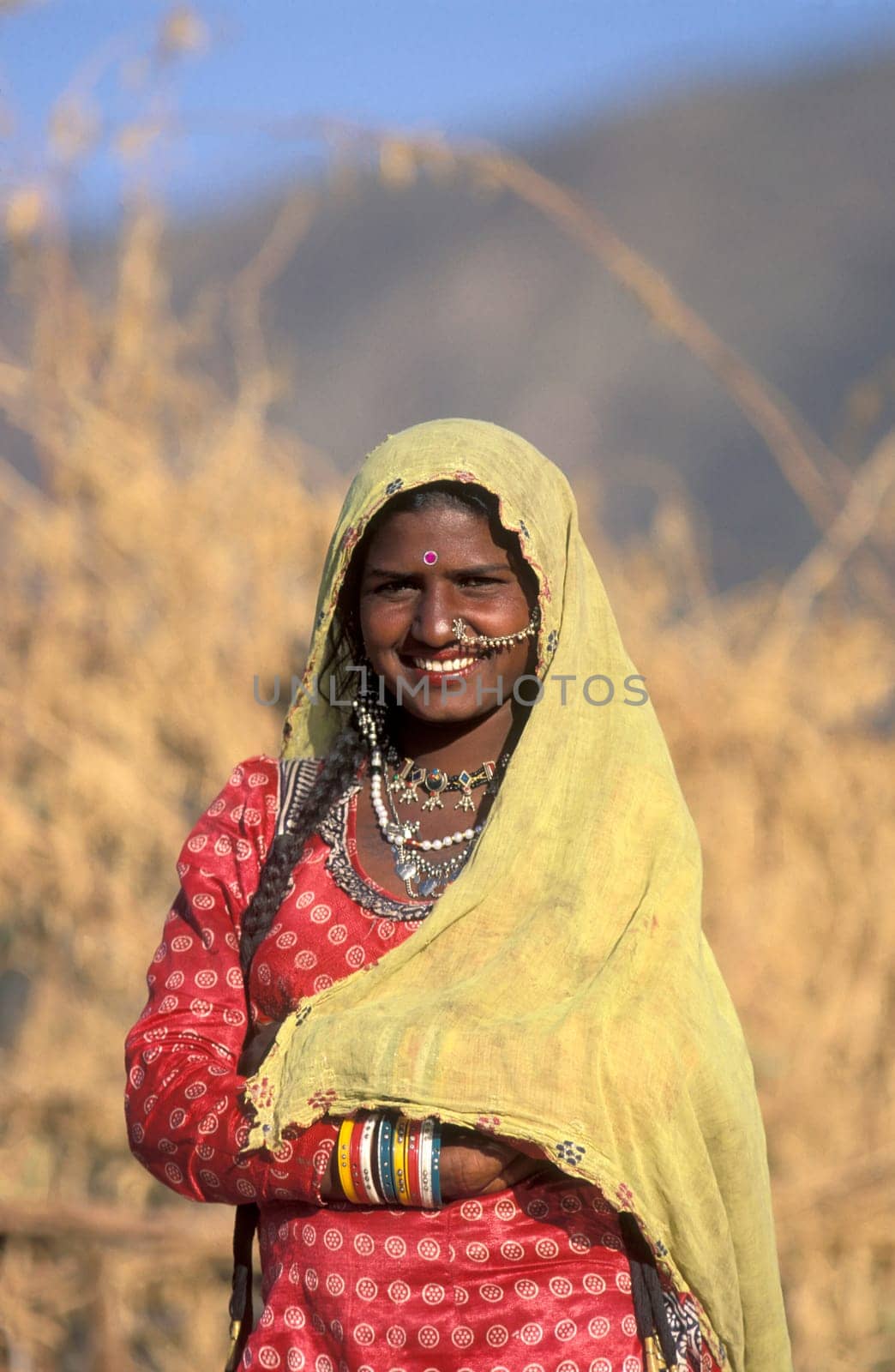 a portrait of a Rajasthani women in the Town of Jaisalmer in the Province of Rajasthan in India.  India, Jaisalmer, January, 1998