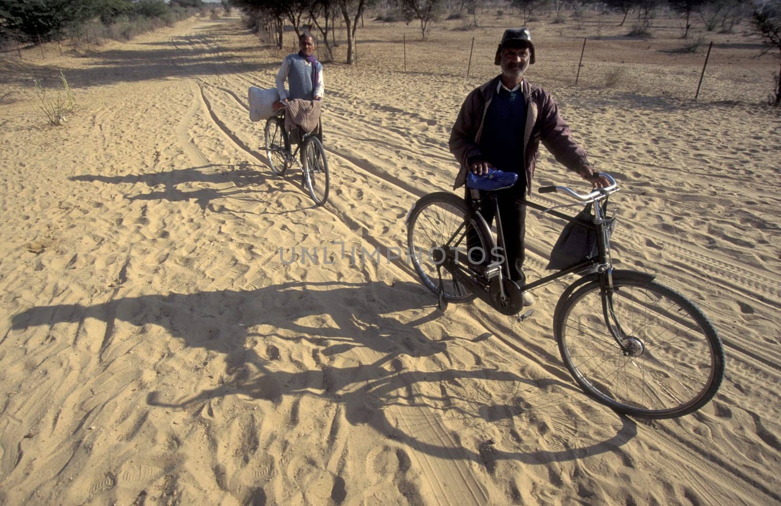 People with their Bicycle on a road near the Town of Jaisalmer in the Province of Rajasthan in India.  India, Jaisalmer, January, 1998