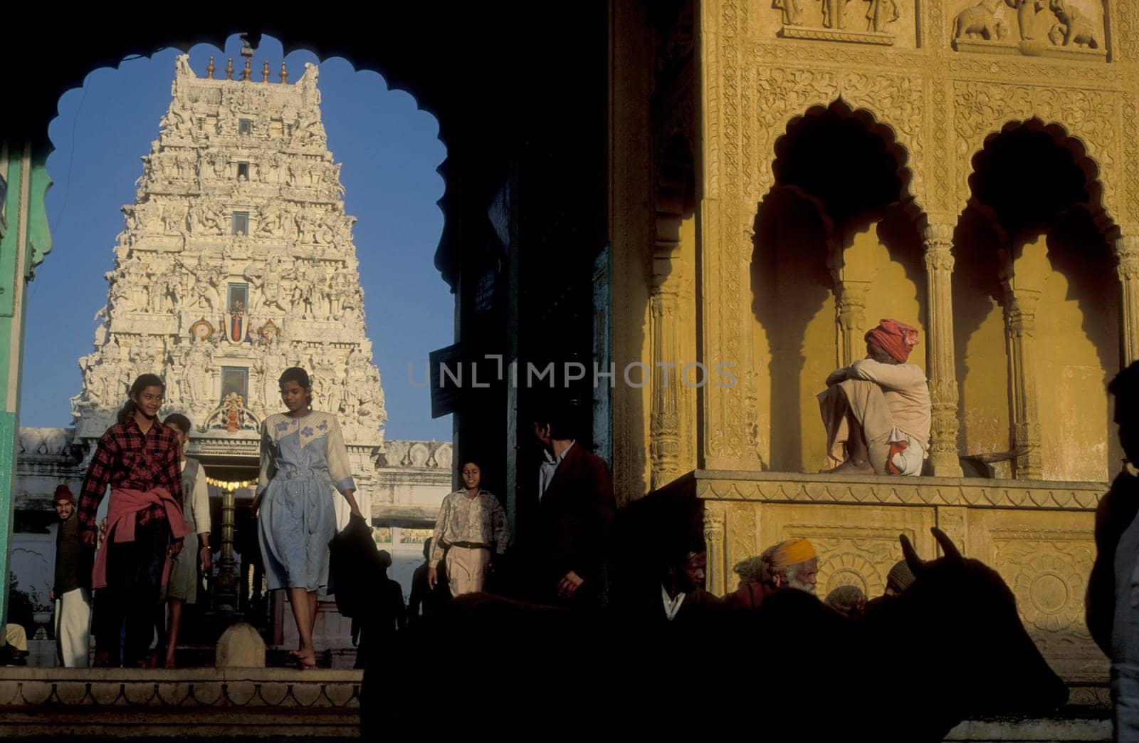 The entry of the old Rangji Temple in the Town of Pushkar in the Province of Rajasthan in India.  India, Pushkar, January, 1998