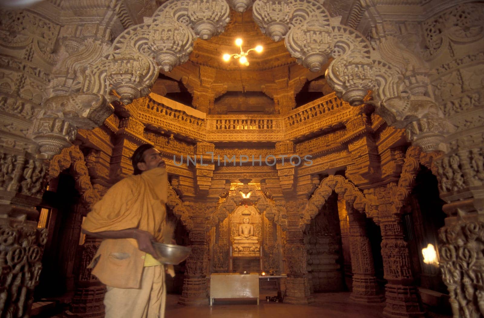 The inside oft the Jain Temple in the Jaisalmer Fort in the city of Jaisalmer in the Province of Rajasthan in India.  India, Jaisalmer, January, 1998