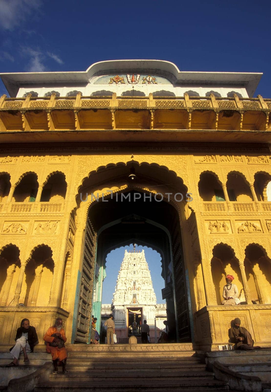 The entry of the old Rangji Temple in the Town of Pushkar in the Province of Rajasthan in India.  India, Pushkar, January, 1998
