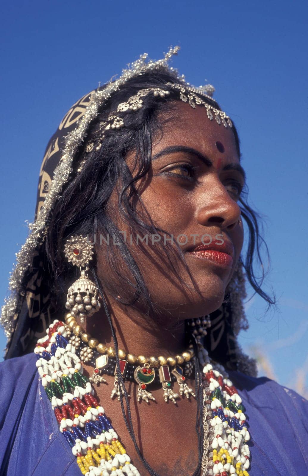 a portrait of a Rajasthani women in the Town of Jaisalmer in the Province of Rajasthan in India.  India, Jaisalmer, January, 1998