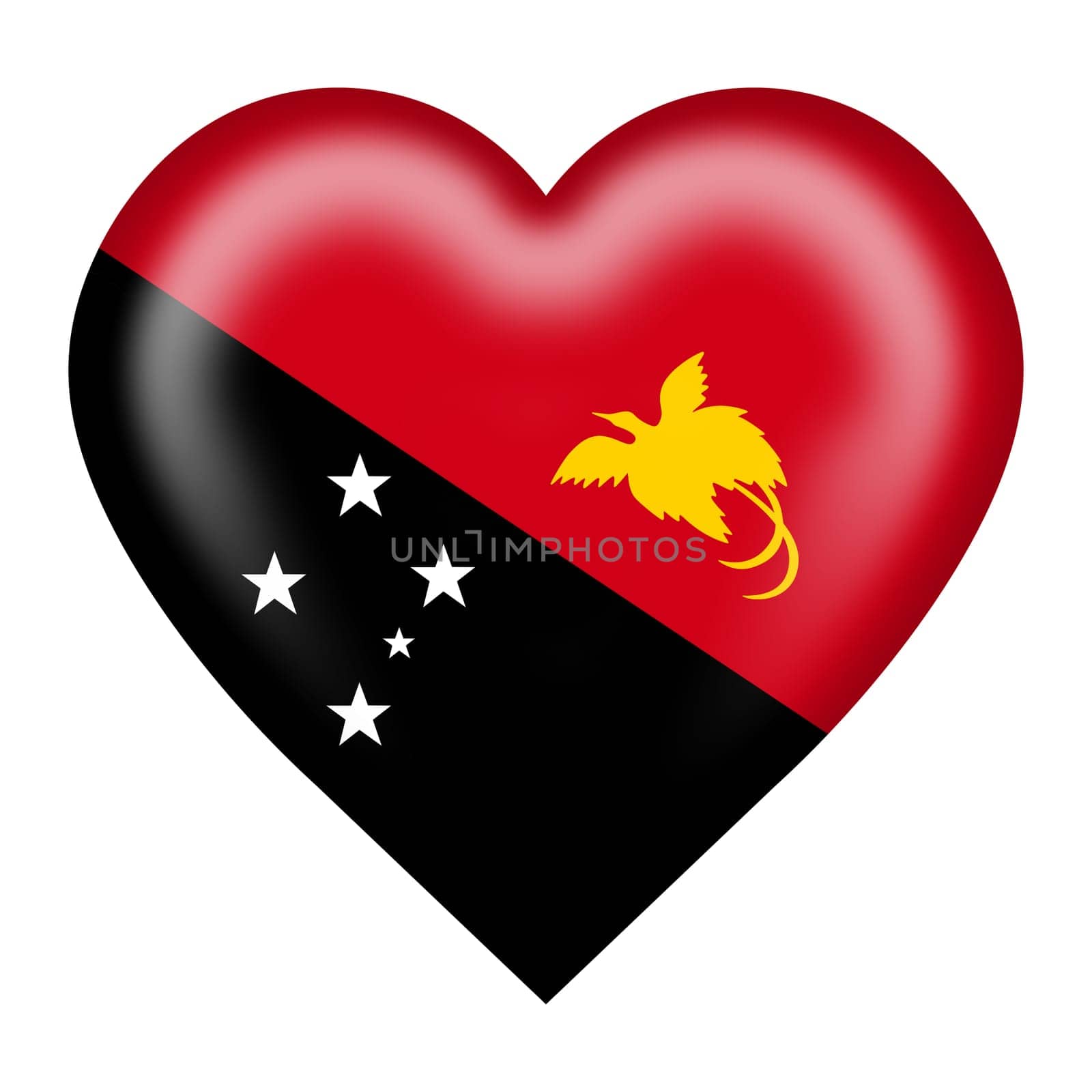 A Papua New Guinea flag heart button isolated on white with clipping path 3d illustration black white red yellow Southern Cross raggiana bird of paradise