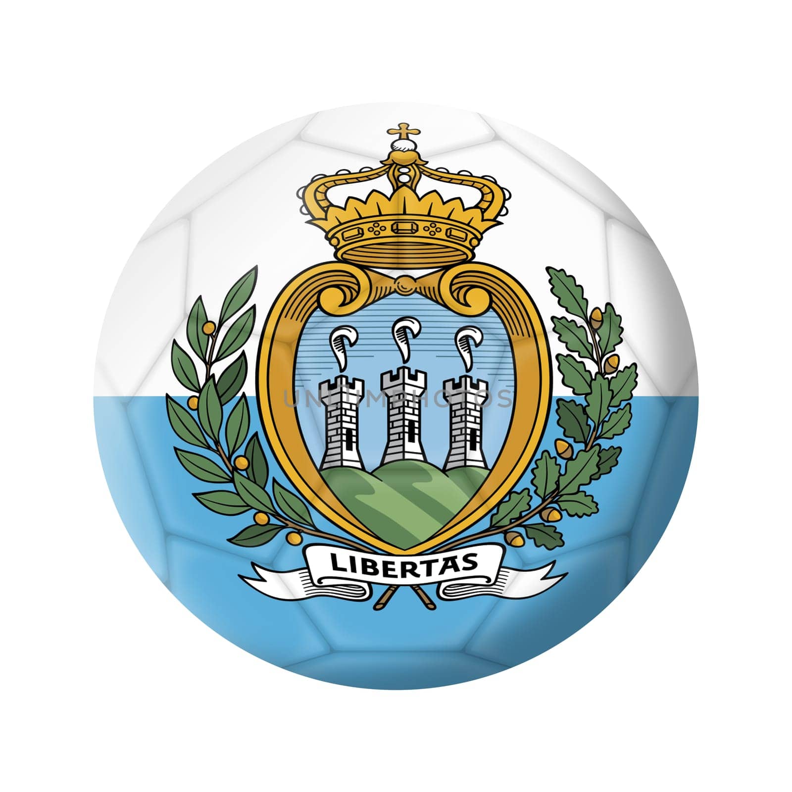 A San Marino soccer ball football illustration isolated on white with clipping path 3d illustration blue white stripes crest