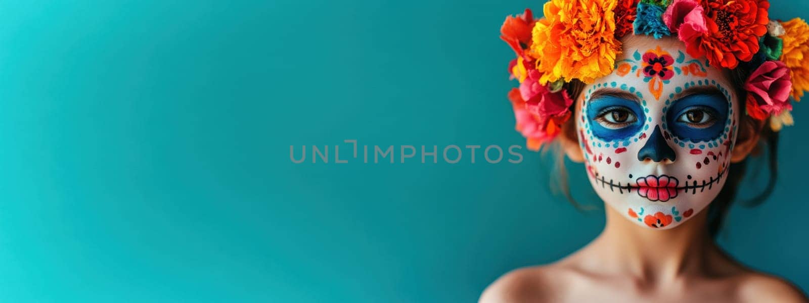 Girl with Sugar Skull Makeup for Dia de los Muertos celebration