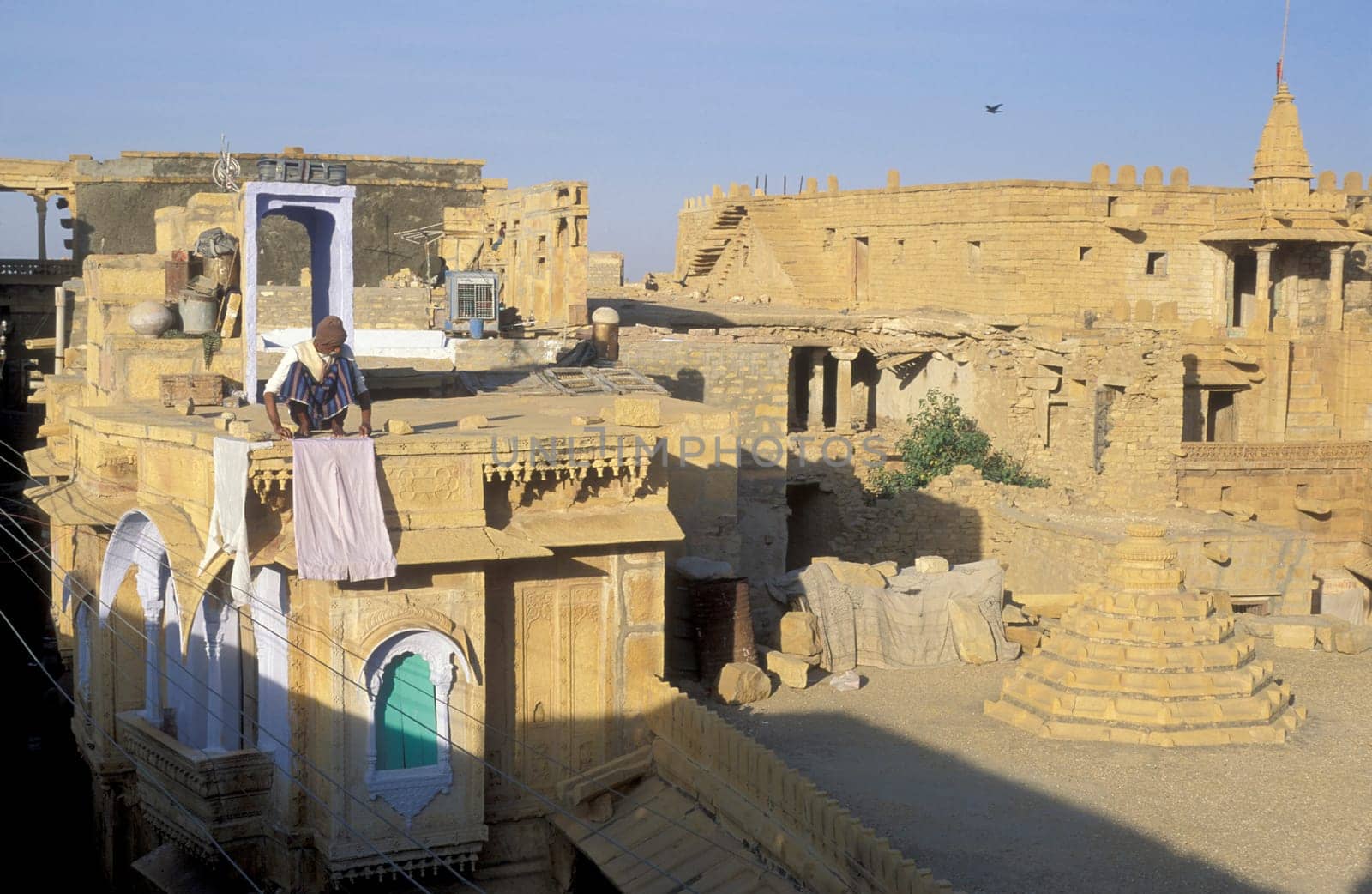 a view in the old Town in the Jaisalmer Fort with the city of Jaisalmer in the Province of Rajasthan in India.  India, Jaisalmer, January, 1998