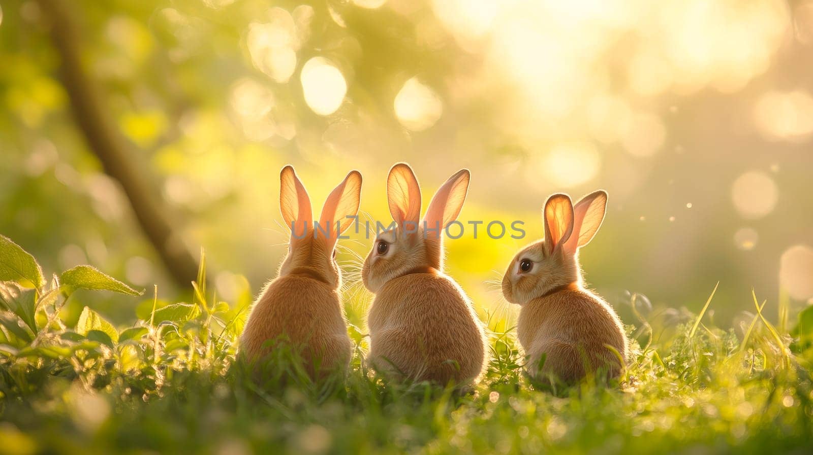 Three Easter rabbits sitting on the green grass and morning sunlight shining on them. AI generated