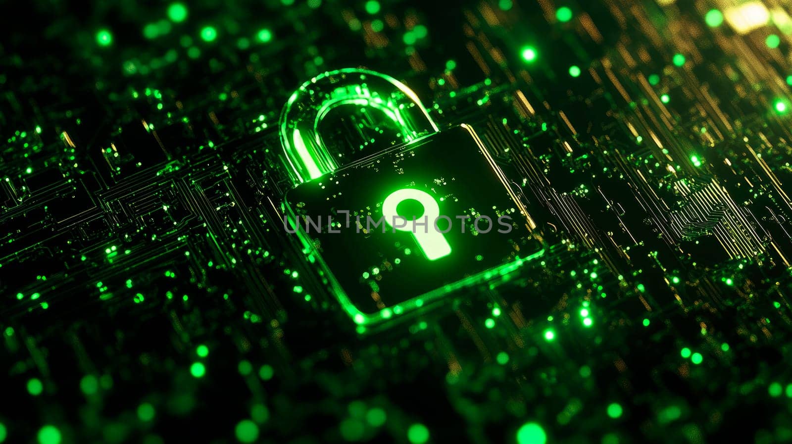 Green circuit board with a glowing padlock symbol on top. Cybersecurity concept. AI generated