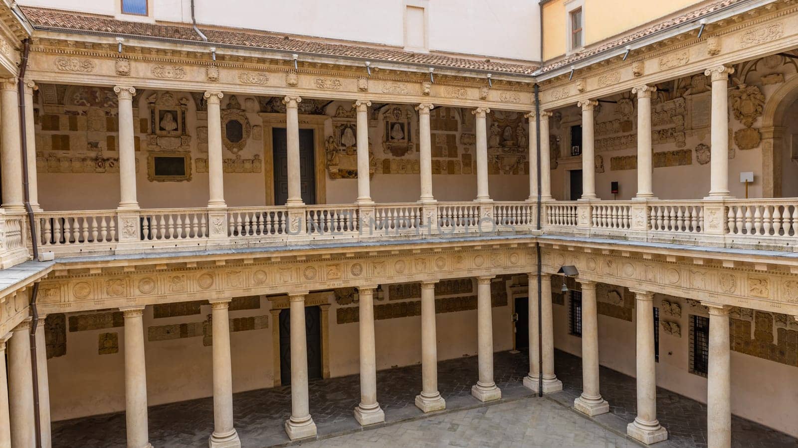 Padua, Italy - July 23, 2024: Palazzo Bo (Bo Palace) yard, historical building home of the Padova University from 1539 in Padua, Italy